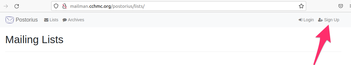 Research IT Hub > Creating an account on the Mailman system. > 1 signup.png