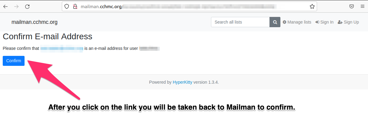 Research IT Hub > Creating an account on the Mailman system. > 5 confirm on mailman.png